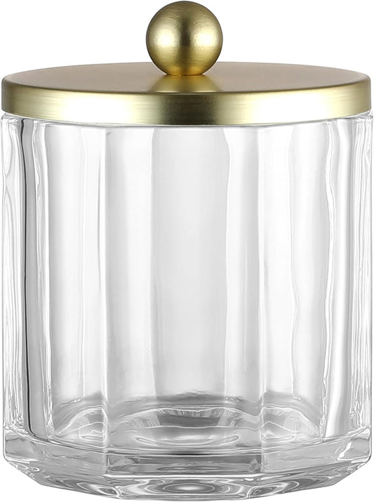 Home Glass Cotton Jar Holder Matte Gold Lid, Elegant Bathroom Storage Canister for Qtips, Cotton Balls, Floss, Makeup Organizer, Vanity Bathroom Organization