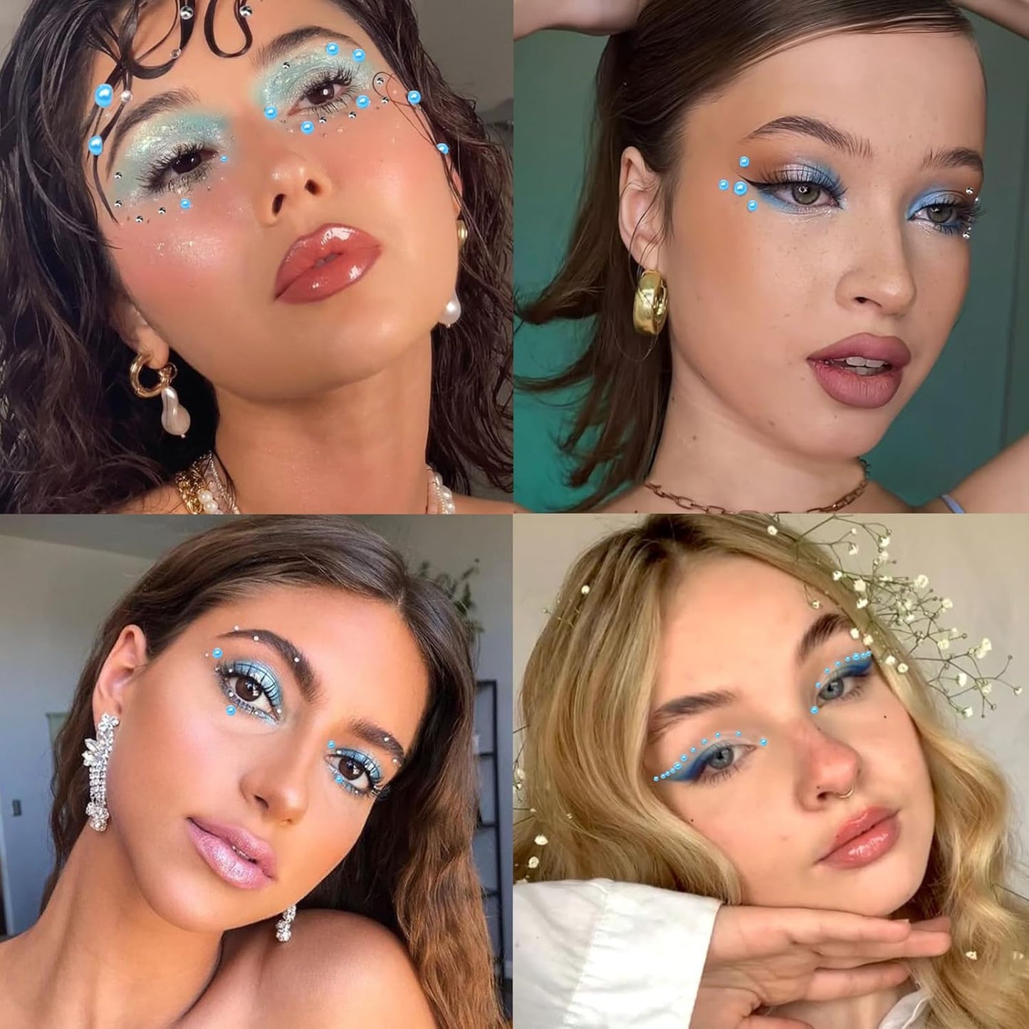 Nail Art Pearls with Rhinestones Glue Gel Flatback Pearls Nail Charms Luxurious Nails Supplies Accessories Gold Silver Gems Jewelry Pearl for Women Nails Design(Blue)