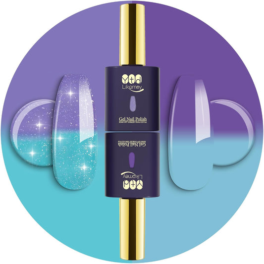 YTD Likomey Color Changing Gel Nail Polish 2 Pcs Set,15ml Tiffany Blue To Purple Pure Color and Glitter Kit,Thermal Ombre Change Colors Salon Manicure Fall Winter UV Nail Varnish,WB2-8