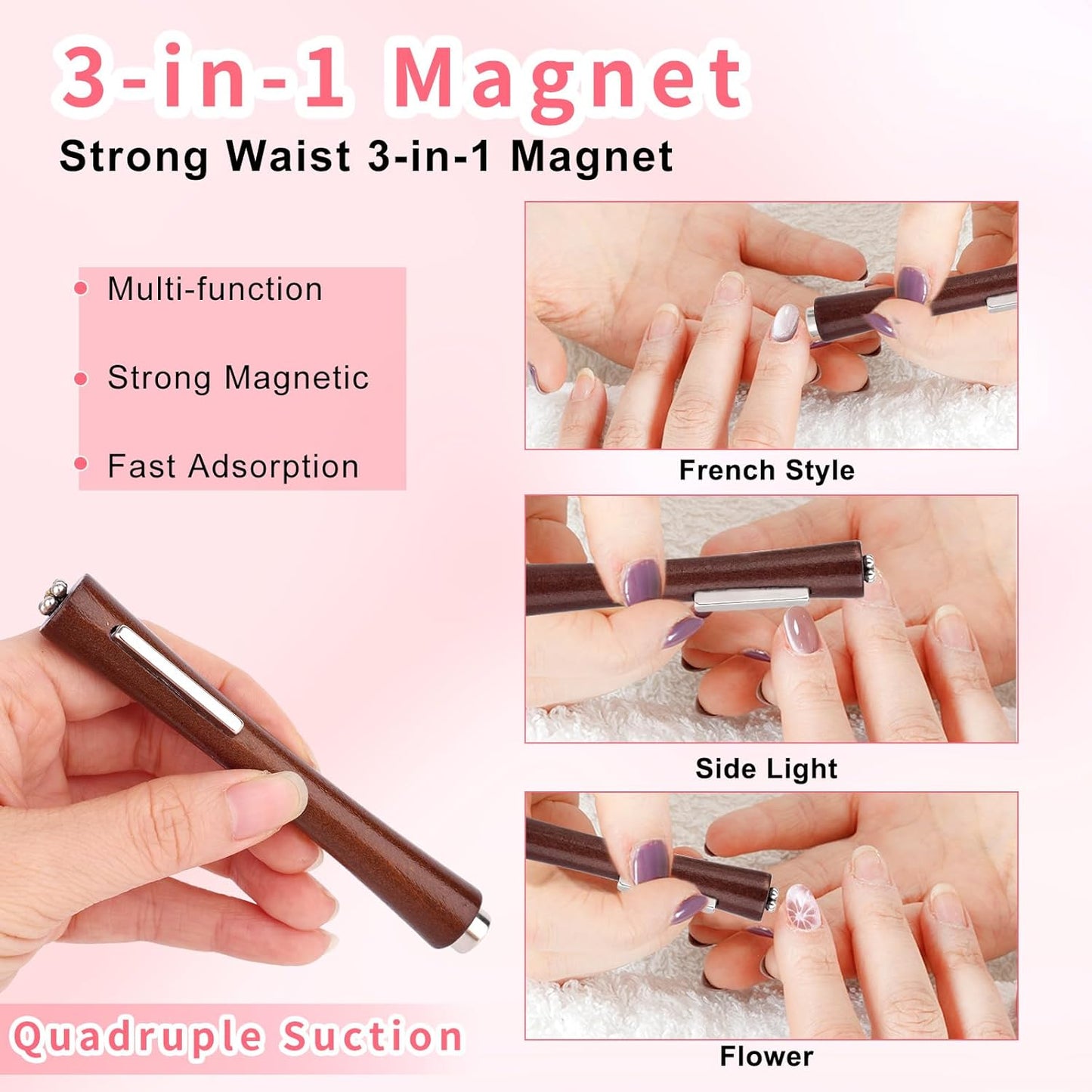 3pcs Cat Eye Nail Magnet Tool Set, 3-in-1 Wooden Handle Cat Eye Gel Nail Polish Magnet Stick with 2 Magnetic Pens Practical Manicure Tool Set for Home Salon Studio Use