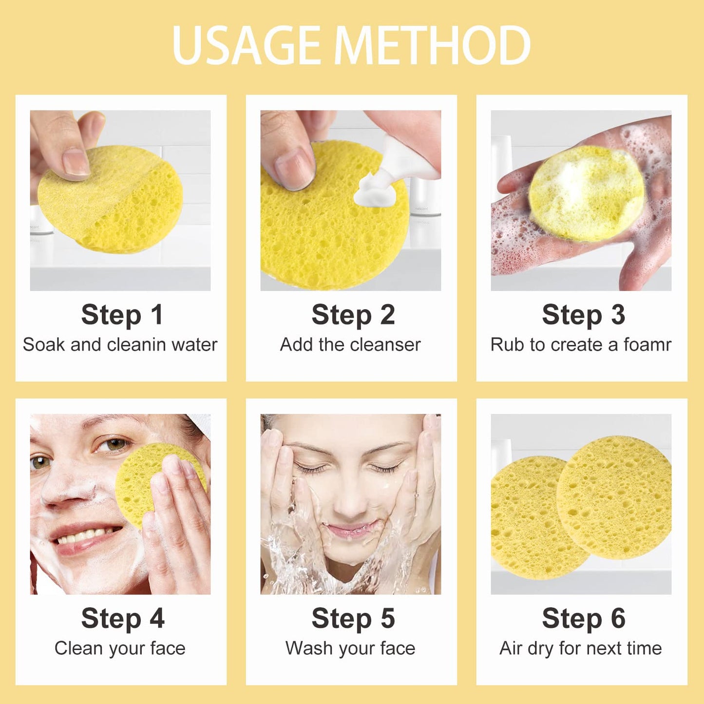 50-Count Facial Sponges Compressed Natural Cellulose Sponge Round Shape Face Sponge for Face Cleansing Exfoliating and Makeup Removal, Yellow