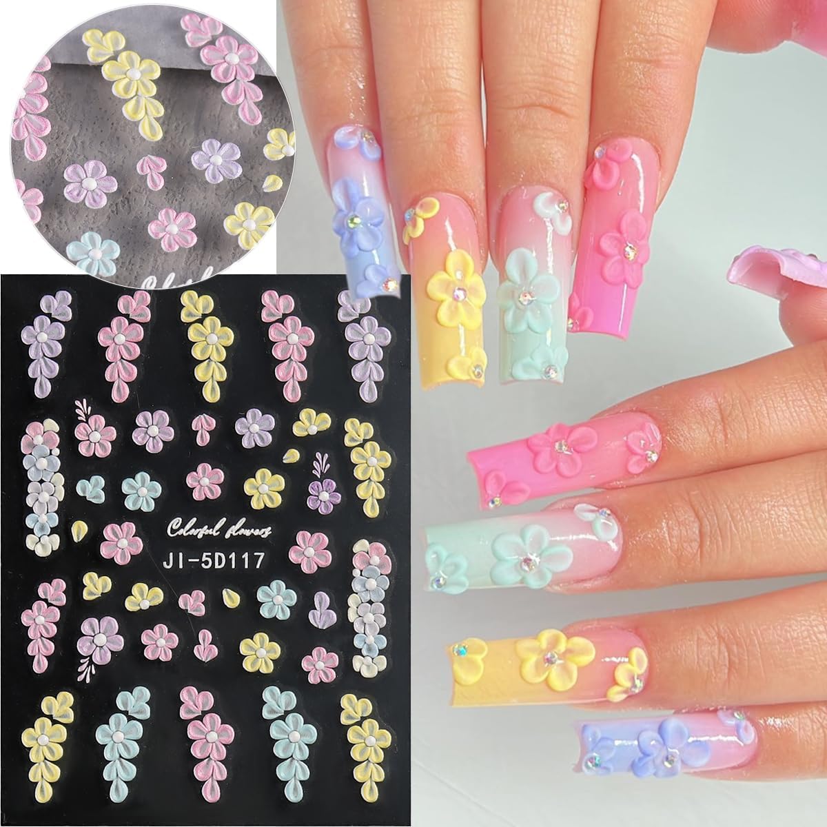 Flowers Nail Stickers 4 Sheets 5D Embossed Floral Nail Decals, Summer Neon Nail Design, 3D Acrylic Engraved Hibiscus Flowers Rose Butterfly Stickers for Nail Art Pegatinas Uñas