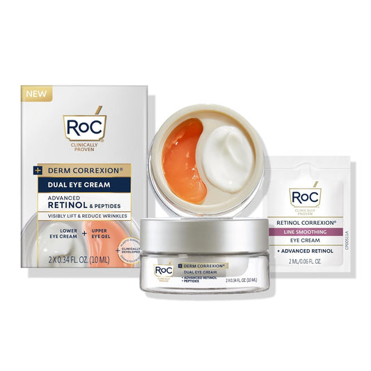 RoC Derm Correxion Dual Eye Cream with Advanced Retinol + Peptides for Puffy Eyes and Dark Circles, (.68 oz) with Retinol Under Eye Cream Packette
