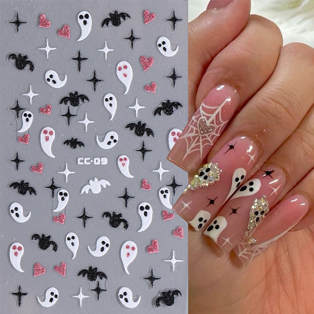 Halloween Nail Art Stickers - 10 Sheets 3D Self Adhesive Nail Designs - White Ghost, Black Bat Boo Nail Decals for Women DIY Manicure Tips