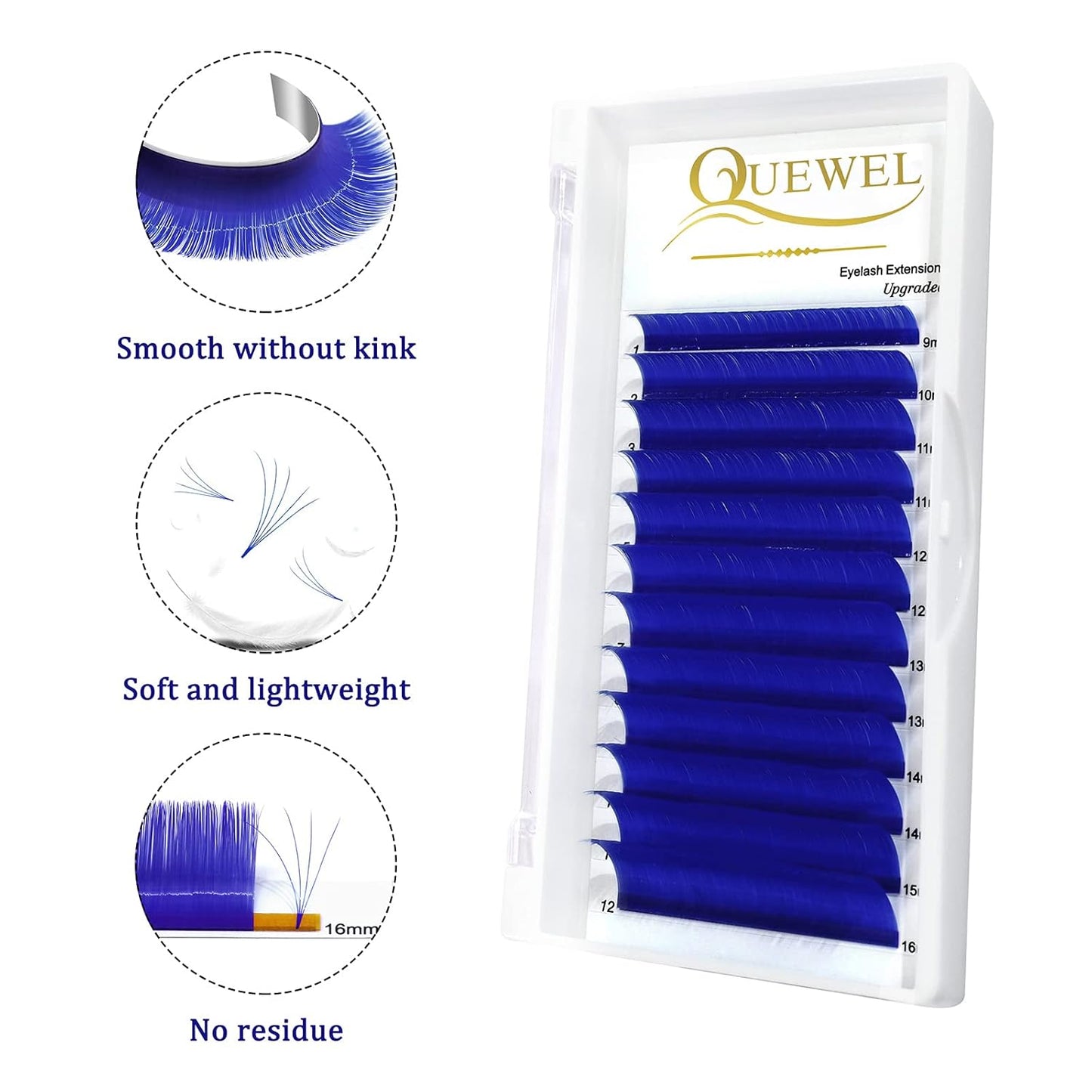 QUEWEL Easy Fan Volume Lashes 0.07 D Curl Blue Volume Eyelash Extensions 9-16mm Mixed Lash Tray Color Lashes Extension Self Fanning (Blue 0.07 D 9-16mm)