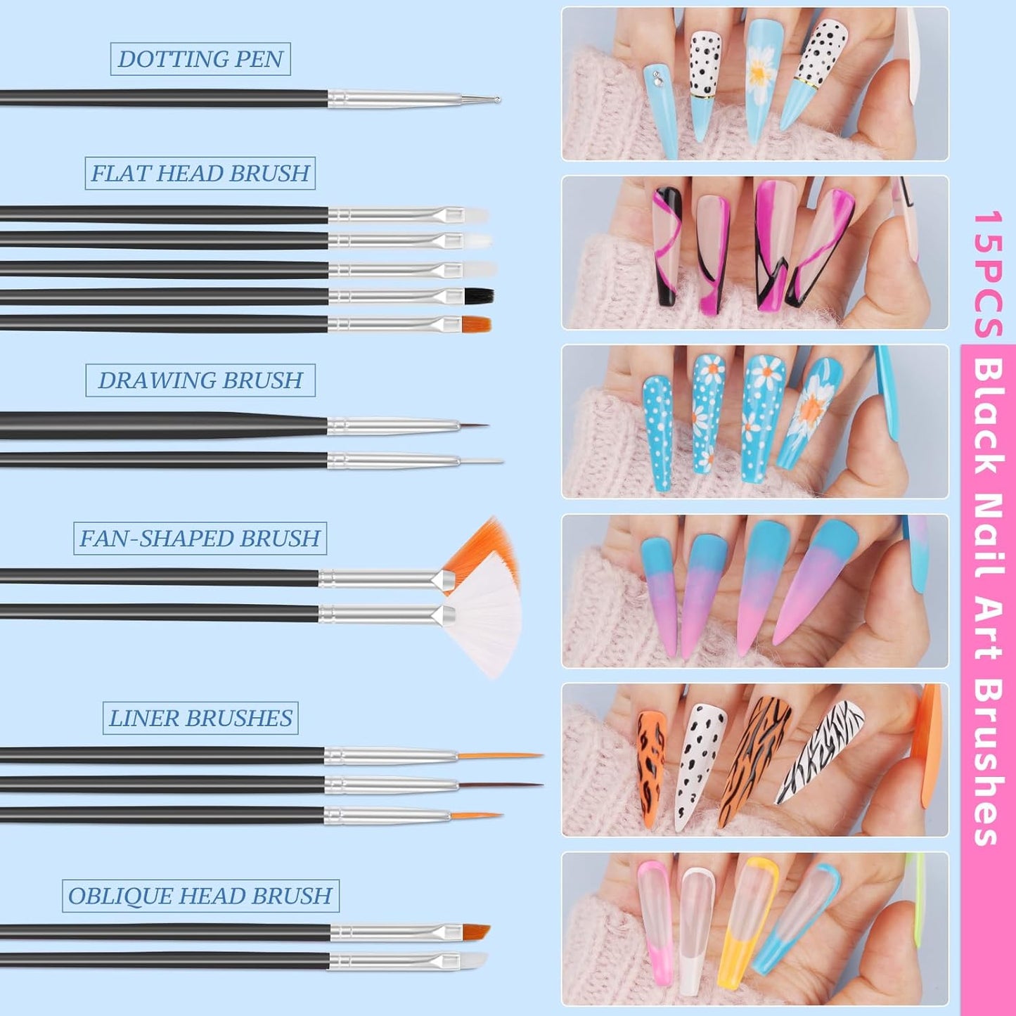 Nail Art Kit for Beginners with Nail Brushes Set and Dotting Tools, Jumbo Holographic Glitter Sequins 2-6mm Rhinestones 3D Colorful Flowers Metal Studs Striping Tape with Tweezers (04-Black)