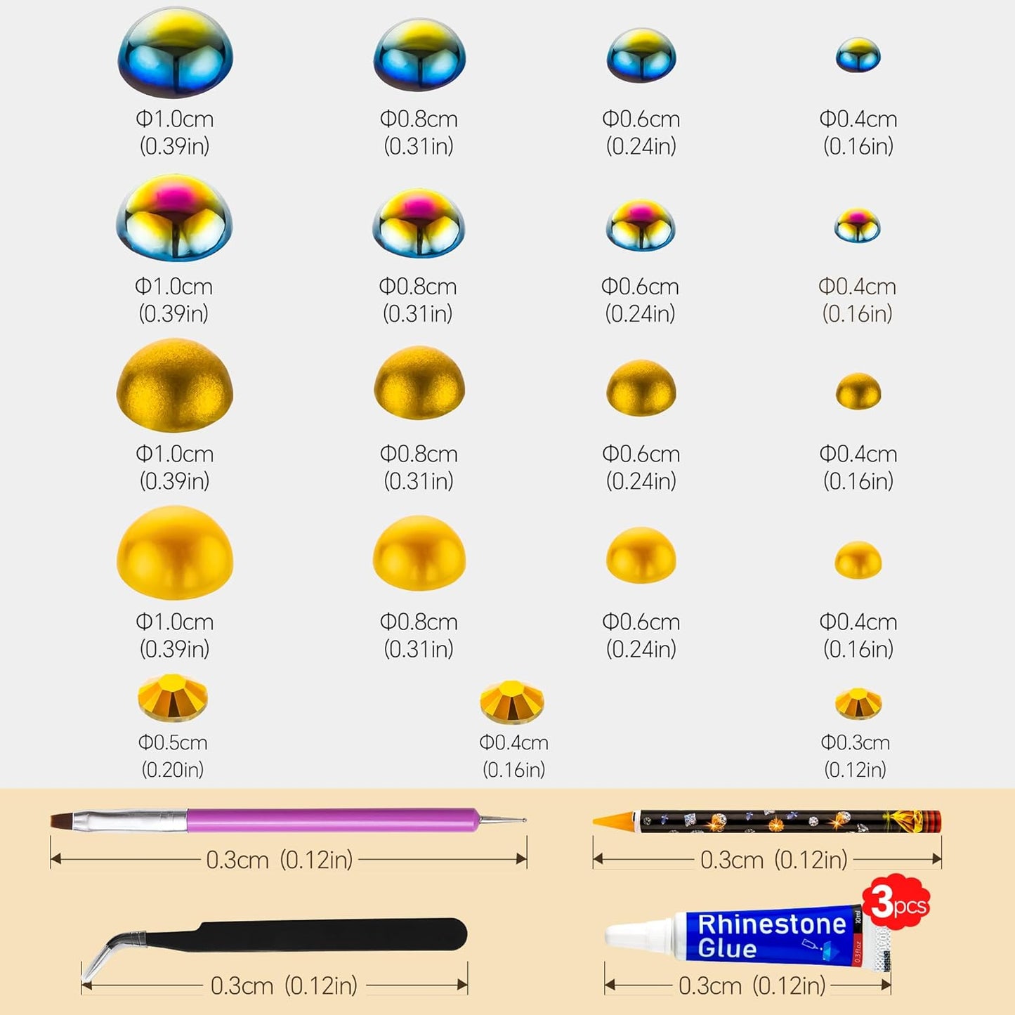 60g Gold Flat Back Pearls Rhinestones for Crafts Mixed Size 3mm-10mm AB Color Round Half Pearls Flatback Pearl Beads and Resin Rhinestones Set for Face Art with Glue