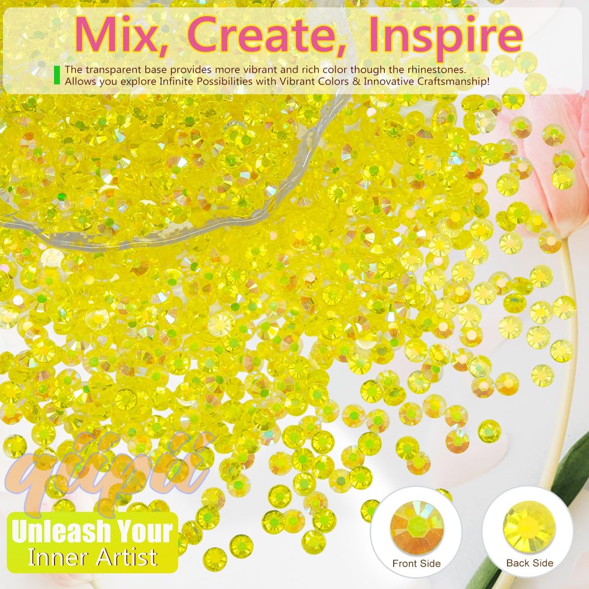 Transparent Lemon Yellow AB Resin Rhinestones for Crafting 3mm 4mm 5mm Clear Citrine Flatback Jelly Stones Diamonds Crystals Gems Charms for Nails Face Eyes Makeup Tumblers Bottles DIY Crafts