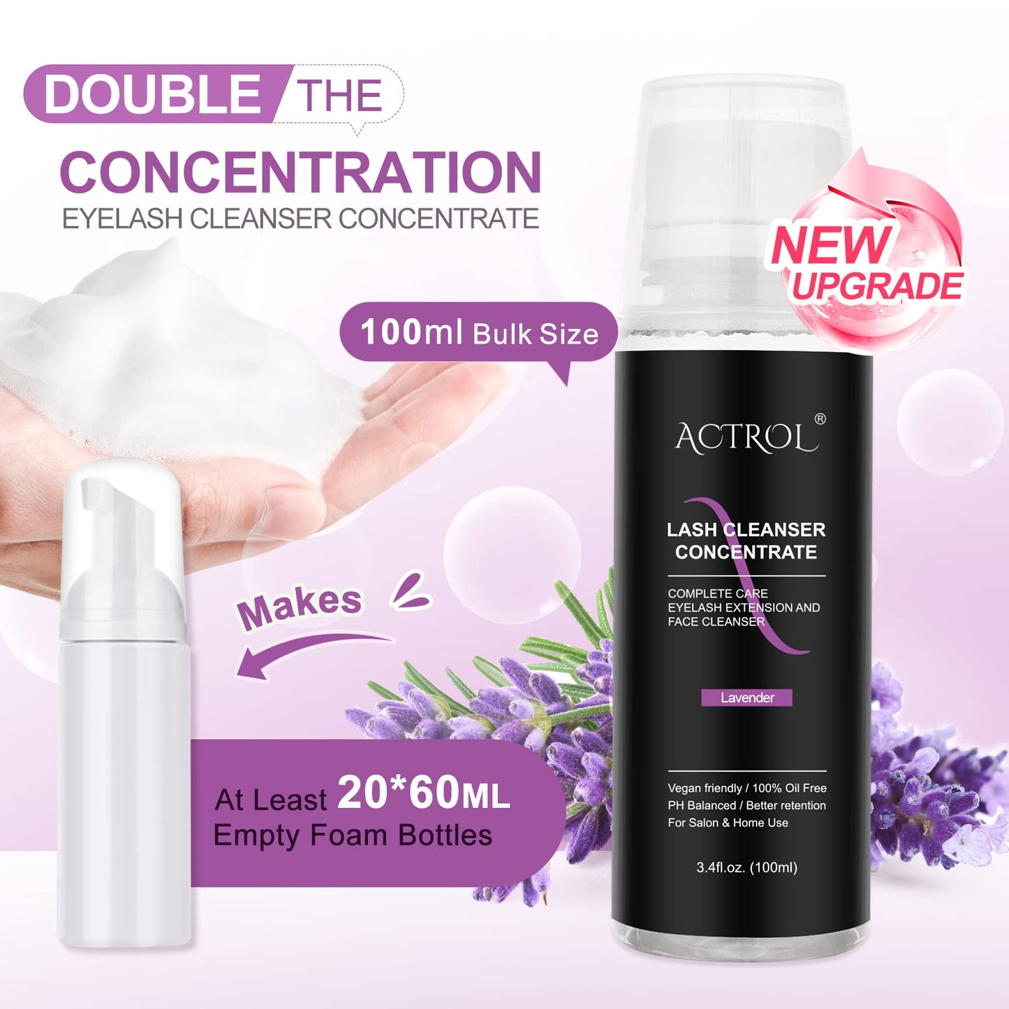 Eyelash Cleanser Concentrate 100ml Lavender Professional Lash Shampoo Foaming Cleanser DIY Paraben & Sulfate Free Non-lrritating Wash for Extensions Lashes with Salon Home Care-Makes 20 Bottles