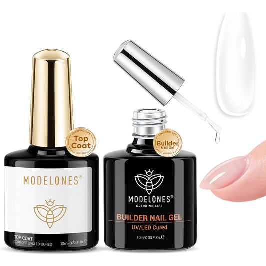 modelones Builder Nail Gel with Gel Top Coat, 8-In-One Clear Builder Acid Free Top Coat for Nail Thickening Apex Building Extension Shine Finish and Long Lasting, LED Lamp Cured 10ml DIY Home Salon