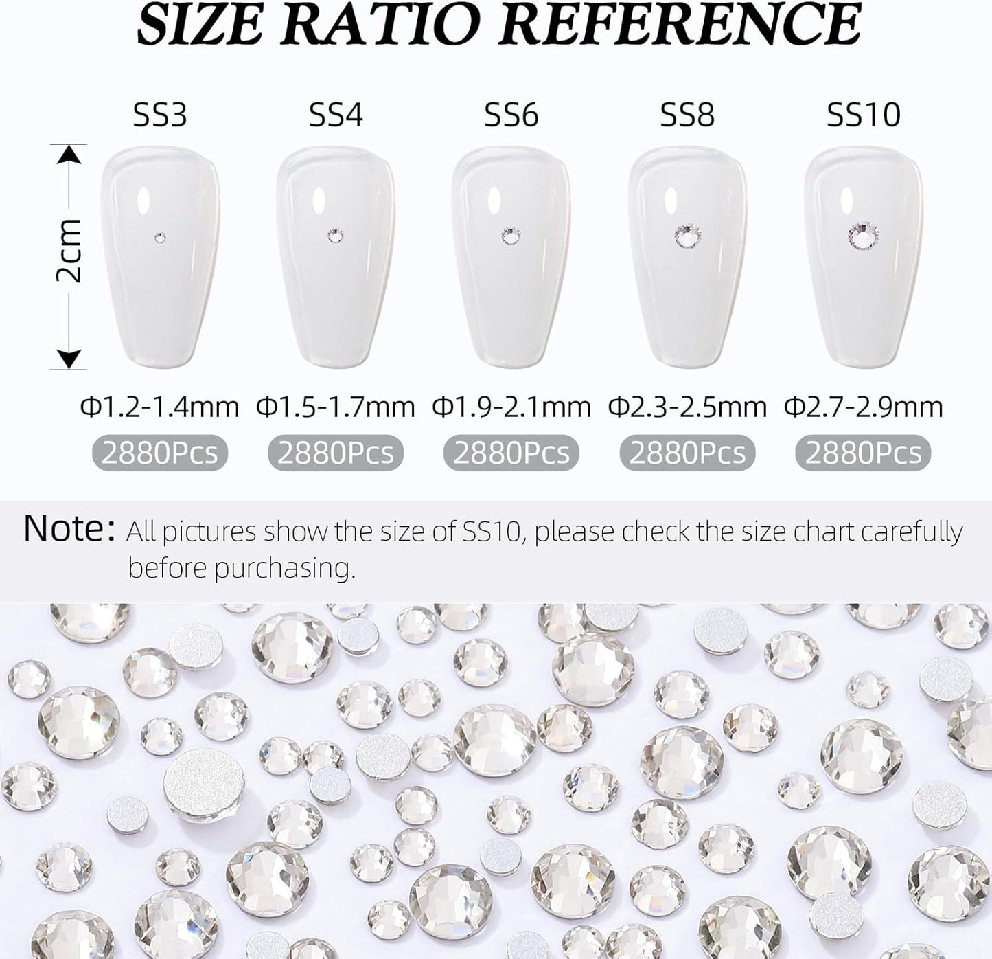 Crystal Clear Flatback Rhinestones, Glass Rhinestones for Nail Art and Craft, Glue Fix, Loose Crystal Gemstones(Crystal, SS10, 2880pcs, 2.7-2.8mm)