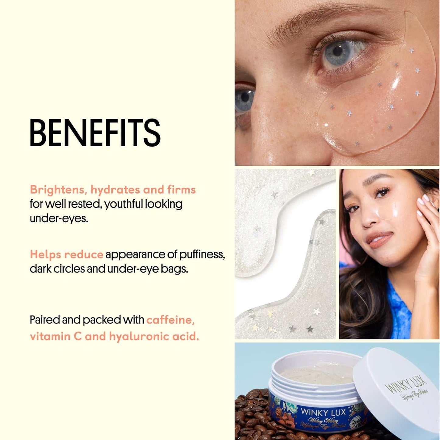 Winky Lux Wakey Wakey Hydrogel Eye Patches – Cooling Under Eye Patches for Puffiness, Dark Circles & Bags, Infused with Caffeine, Vitamin C & Hyaluronic Acid