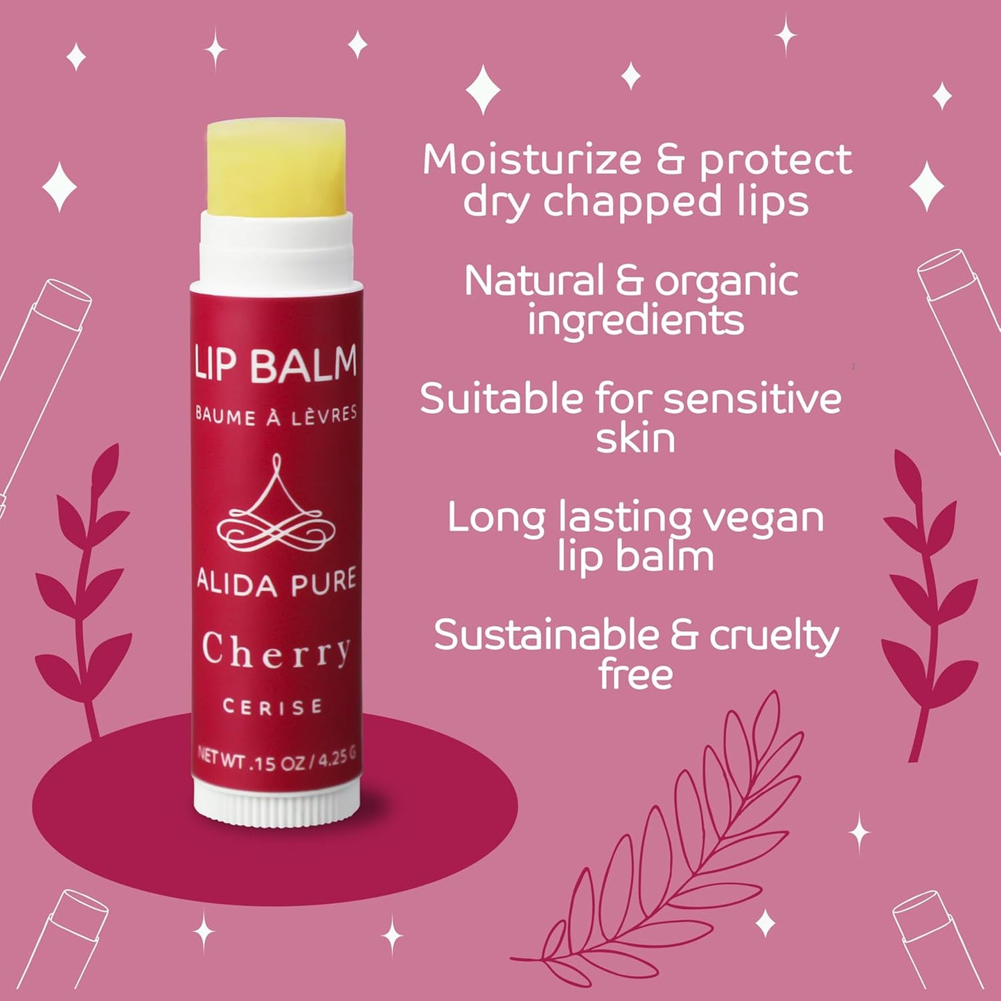 Cherry Lip Balm Collection, Vegan Set, Beeswax Free, with Organic Jojoba and Avocado Oil, Vitamin E, Natural Moisturizer for Dry, Chapped Lips, 3 Tube Set