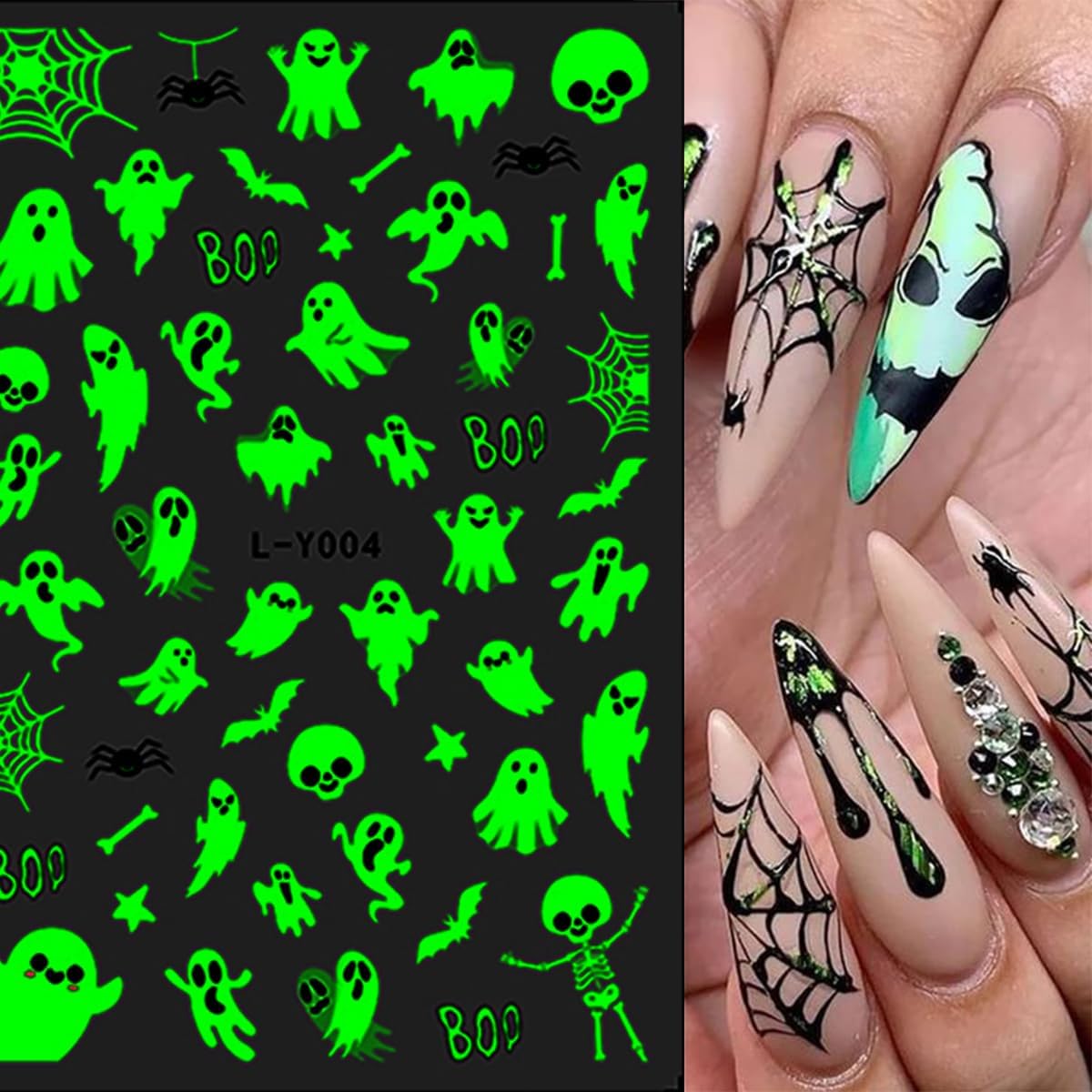 4 Sheets Halloween Nail Art Stickers Luminous Halloween Nail Stickers Glow in Dark Nail Art Design White Spooky Nail Decoration Cute Ghost Bat Spider Nail Decals for Women Girls Holiday DIY