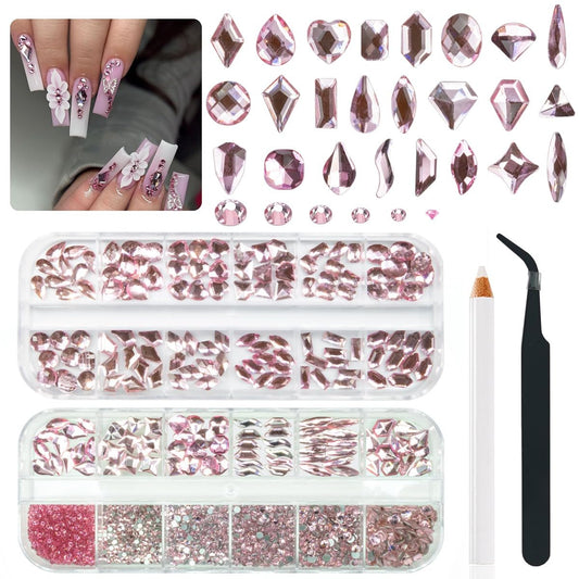 24 Styles Light Pink Nail Rhinestones Crystals Multi Shapes Flatback Gems Round Beads K9 Glass Stones Diamonds Jewels Nail Art Charms Supplies for Nails Face Eyes Makeup Crafts DIY Tumblers