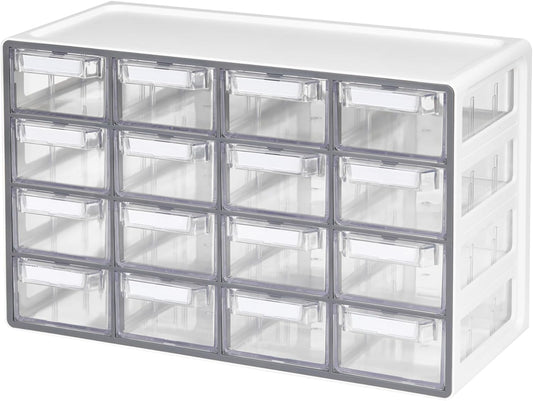 Blue Ginkgo Medium 16-Drawer Cabinet – Stackable Clear Organizer for Hardware, Beads, Plastic Bricks, Office, and Craft Storage (Made in Korea, Gray)