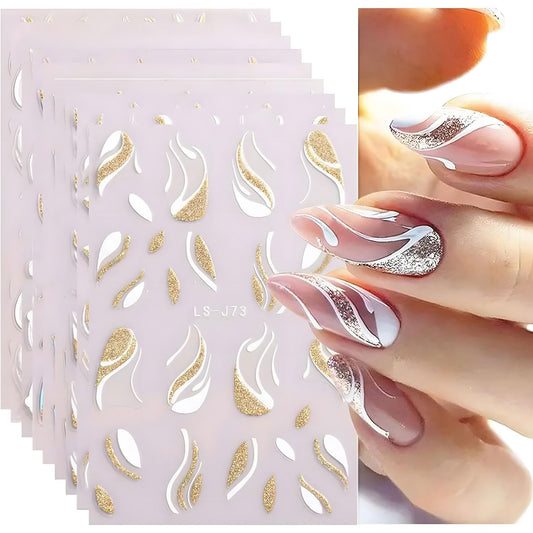 French Tips Nail Stickers for Nail Art, 8 Sheets Self-Adhesive Matte Gold & Silver Designs for Gel Polish and Almond Nails, French Tip Nail Stickers for Weddings Almond Nails Gel Polish