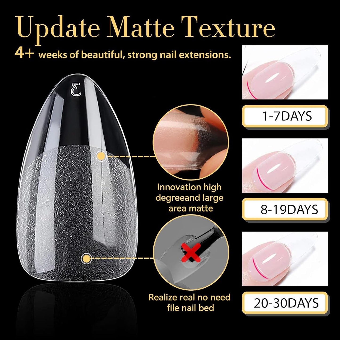 UNA GELLA Short Almond Gel Nail Tips, 600 Pcs Pre-Filed Short Nail Tips Almond Shape Half Matte Press On Nails 12 Sizes Full Cover Clear Fake Nails for Extension Home DIY Salon with Box