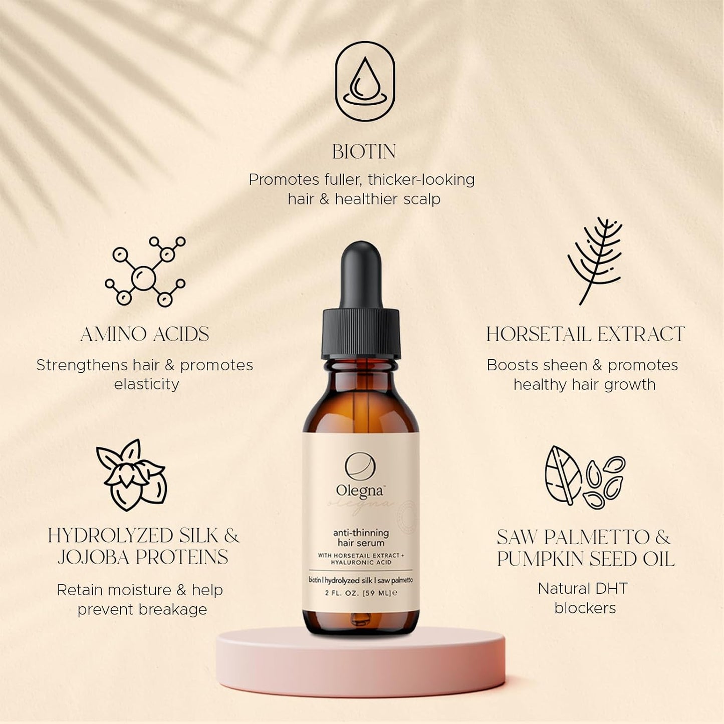 Olegna Biotin Hair Growth Oil for Women - Hair Serum for Frizzy and Damaged Hair - Prevents Hair Loss & Breakage - With Vitamin D & E + Hyaluronic Acid - 2oz