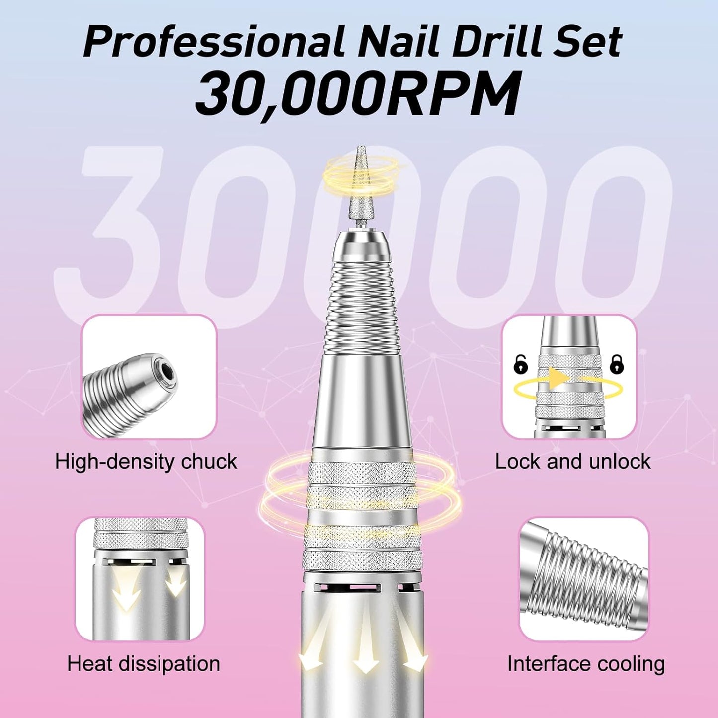 Jiasheng Electric Nail Drill, 30000rpm Professional Nail Drill Machine, Compact Electrical Nail File Kit for Acrylic Gel Nails Efile Drill for Manicure and Pedicure Salon Use White