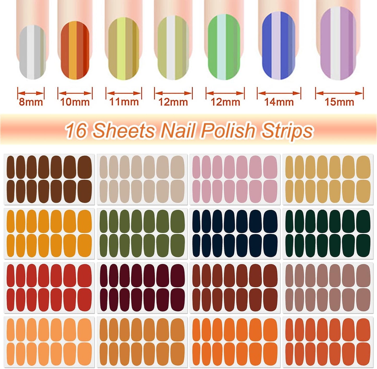 DANNEASY 16 Sheets Bright Color Nail Polish Strips Full Nail Wraps for Women Gel Nail Strips Self Adhesive Nail Polish Stickers Fingernails Manicure Accessories with Nail File, Cuticle Stick
