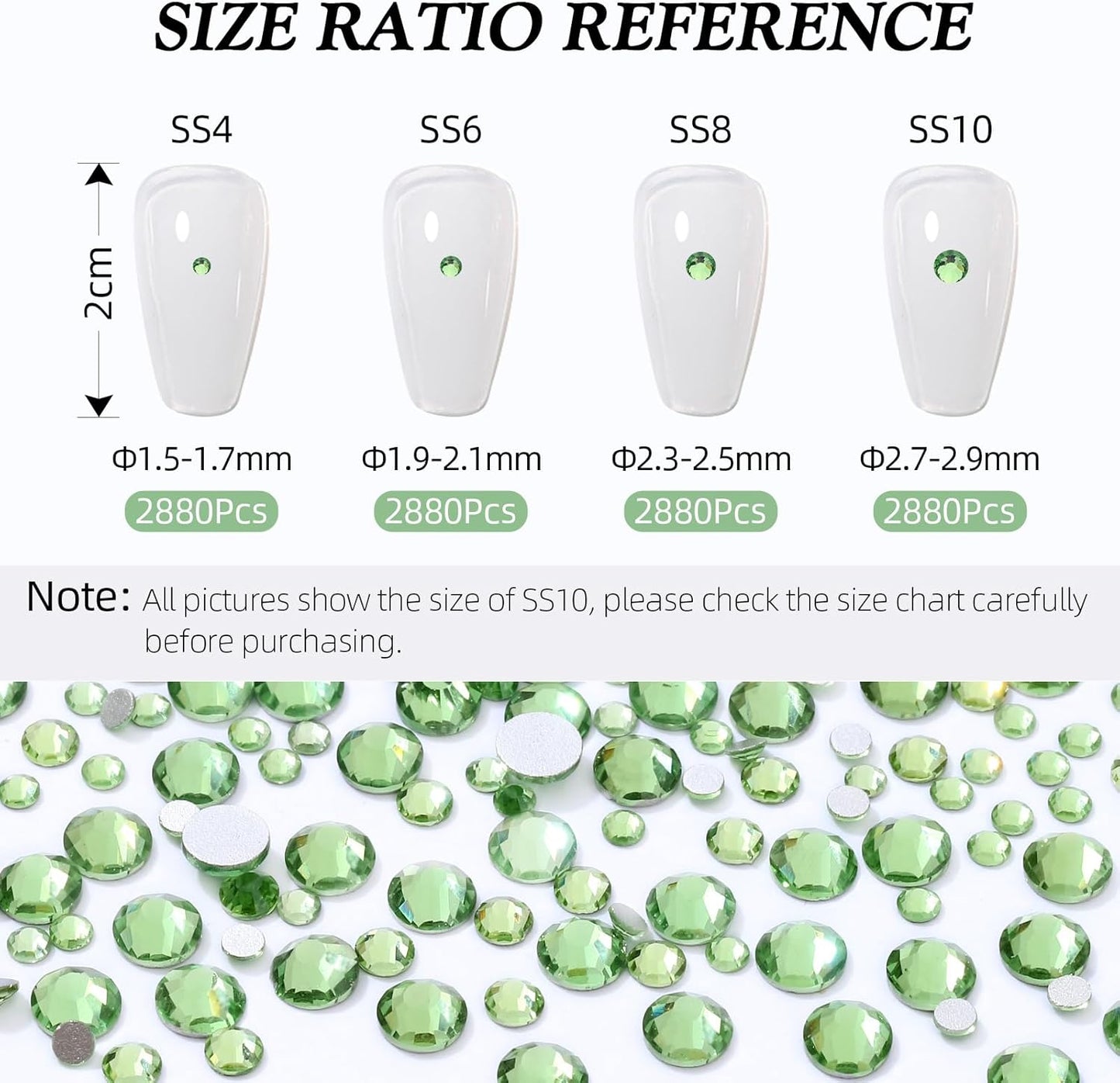Light Green Flatback Rhinestones, Glass Rhinestones for Nail Art and Craft, Glue Fix, Loose Crystal Gemstones(Lt.Green, SS6, 2880pcs, 1.9-2.0mm)