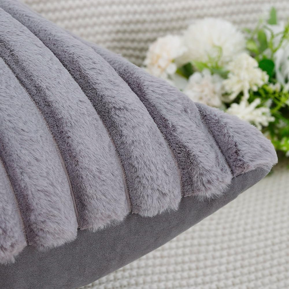MADIZZ Set of 2 Faux Wool Plush Decorative Throw Pillow Covers 26x26 Inch Grey Fluffy Striped Soft Decorative Cushion Cover for Sofa Bedroom Pillow Shell