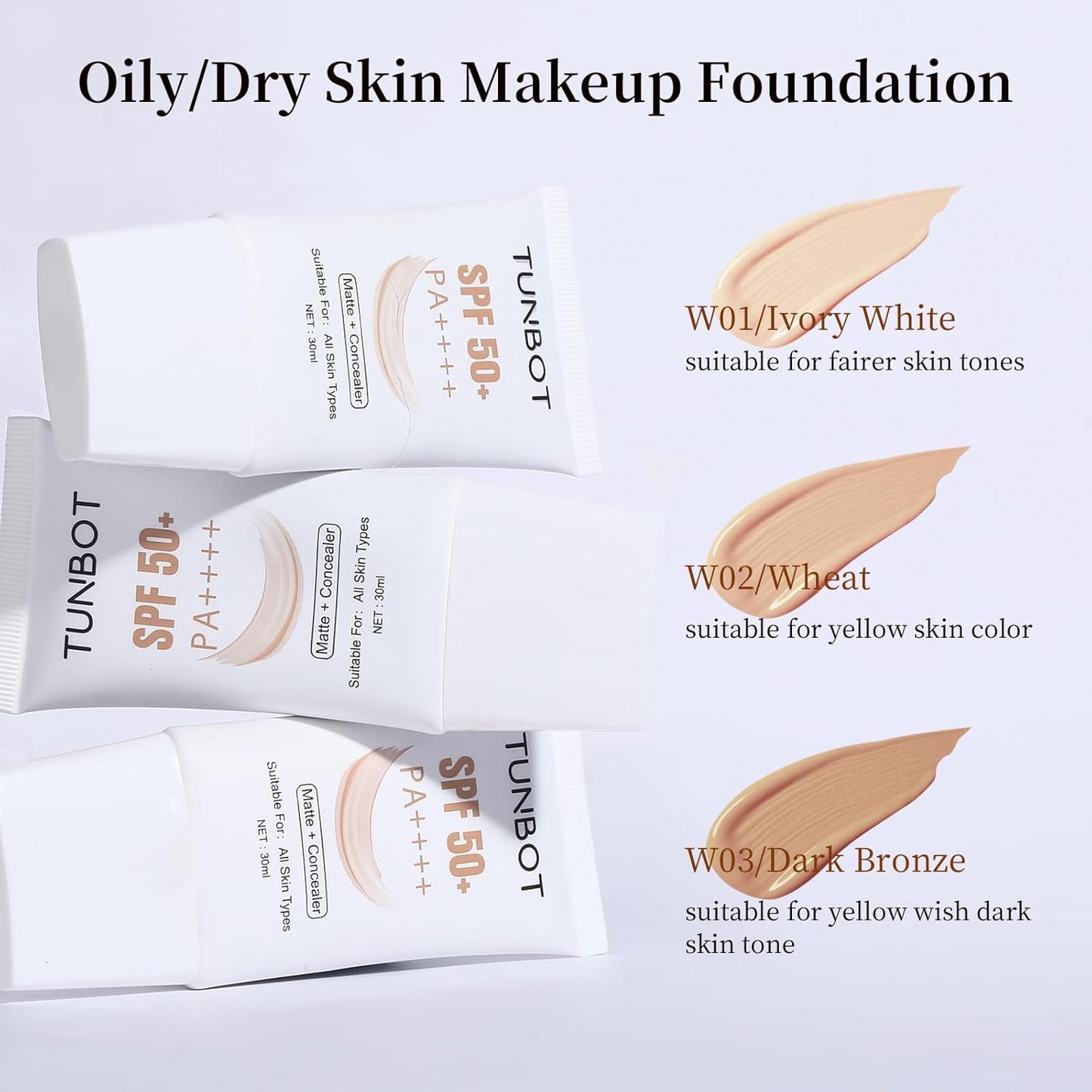 TUNBOT Liquid Makeup Foundation with SPF 50, Makeup to Cover Facial Imperfections, Unscented Foundation for All Skin Types (30ml)