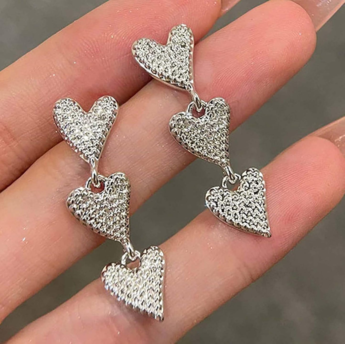 Vintage Heart Drop Earrings Long Heart Dangle Earrings Triple Heart Stud Earrings Silver Love Heart Earrings Jewelry for Women