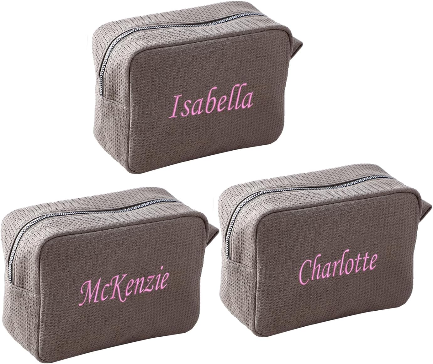 Personalized Embroidered Makeup Bag,Custom Waffle Fabric Cosmetic Pouch for Women, Travel Makeup Pouch (3, Gray)