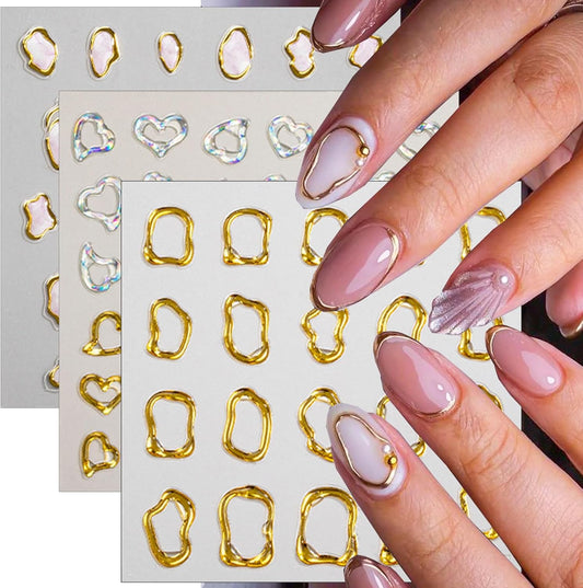 5D Embossed Gold Nail Art Stickers Crystal Soft Glue Irregular Geometric Coil Heart Nail Decals Self Adhesive Chrome Gold French Nail Stickers for Women DIY Nail Art Design Accessories 3 Sheets