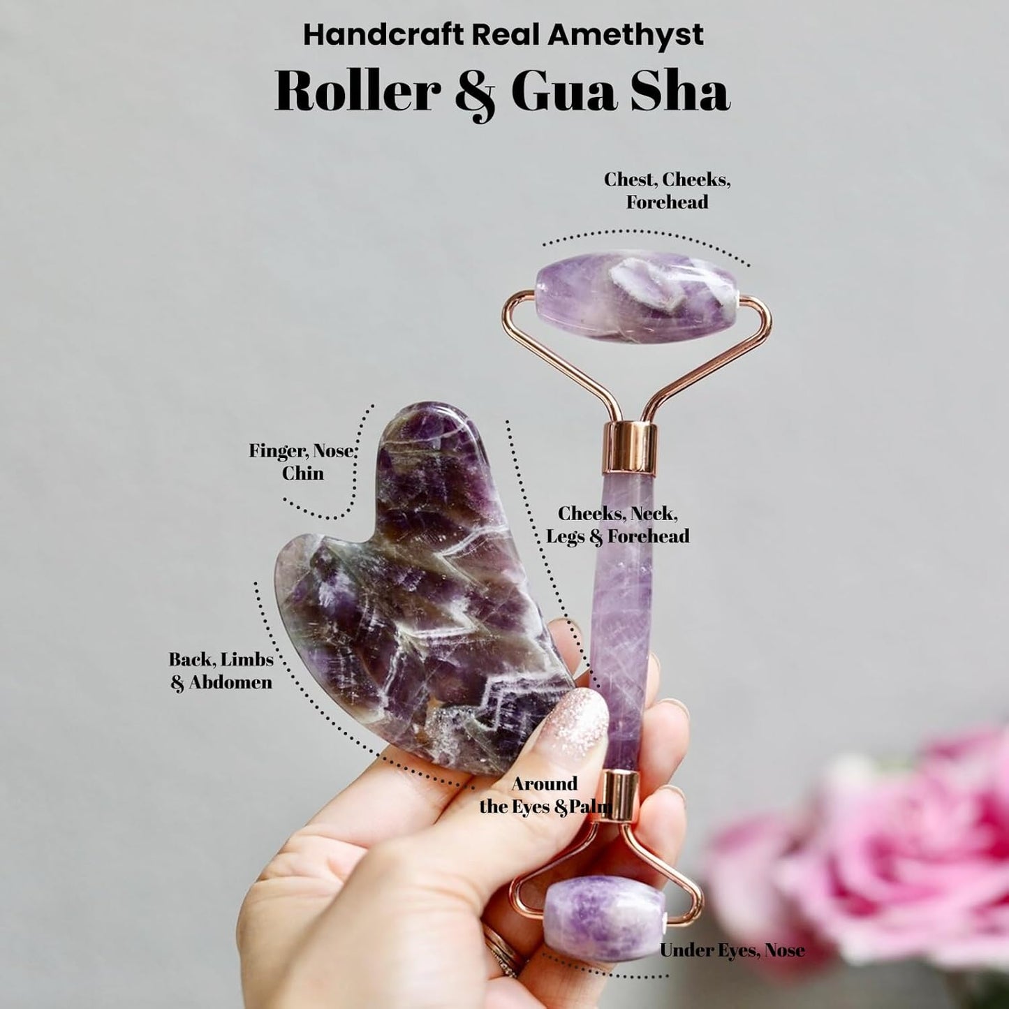 Gua Sha Facial Tools & Face Roller by ROSELYNBOUTIQUE Original Face Massager for Puffiness Wrinkless Skin Care Routine - Self Care Gift for Men Women (Amethyst)