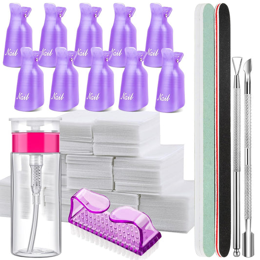 FANDAMEI Nail Polish Gel Remover Tools Kit, 10 Pcs Purple Nail Clips, 100ml Nail Polish Remover Bottle, 500 Pcs Remover Cotton Pad, Nail Brush, Cuticle Pusher, Cuticle Peeler, Nail File, Buffer Block