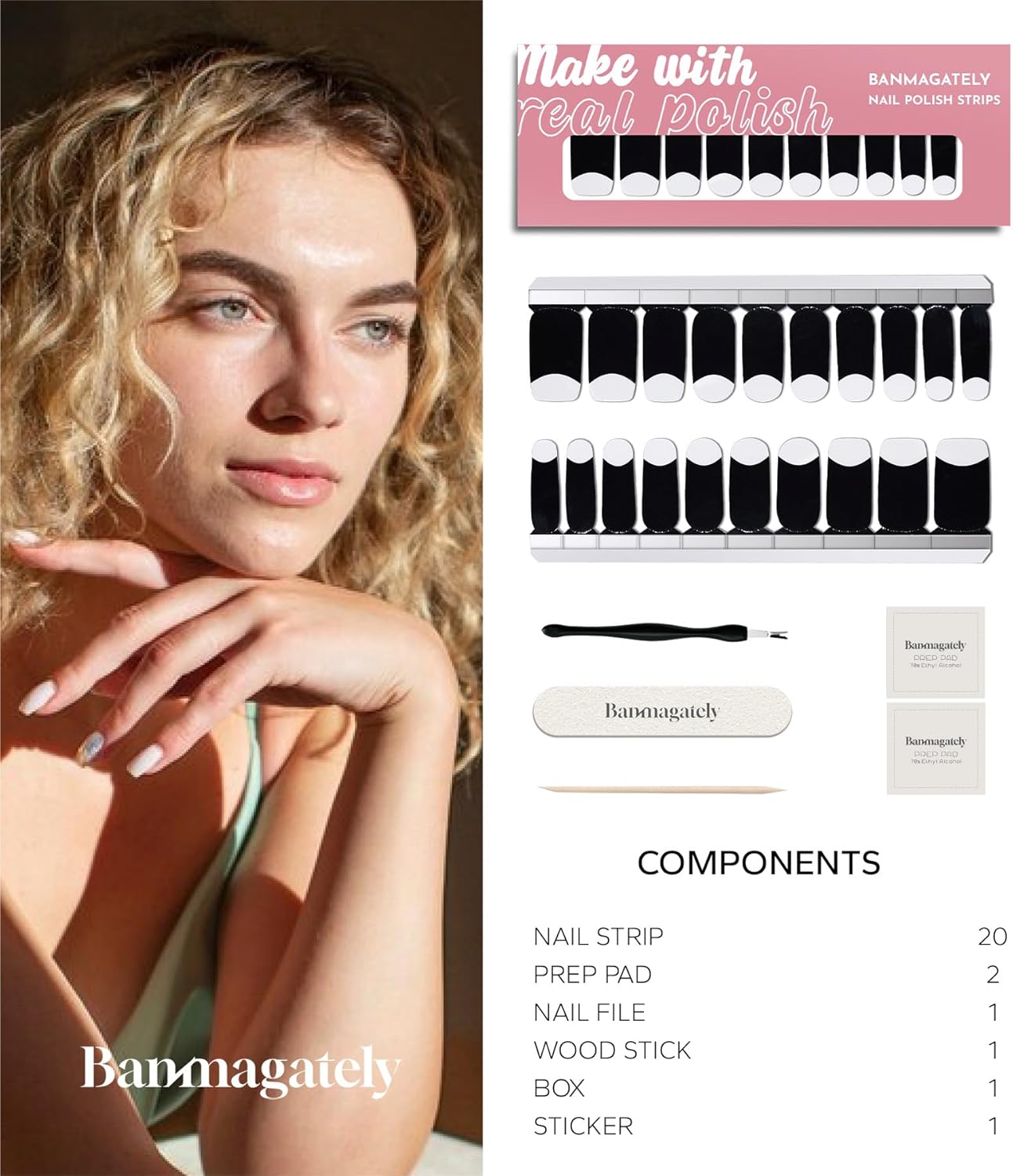 Nail Polish Strips, 20Pcs Salon Quality Gel Nail Stickers, Easy Long Lasting Wraps for Short Nails no UV Light Needed (Black and Tip White)