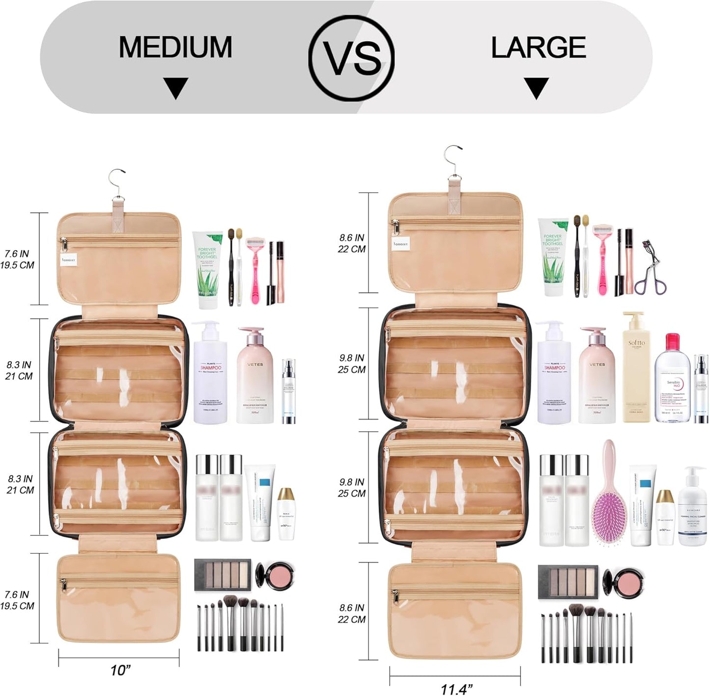 Travel Hanging Toiletry Bag for Women, Holds Full-Size Shampoo, with Jewelry Organizer Compartment, Extra Large Makeup Bag, Waterproof Cosmetic Bag, Toiletries Kit Set with Trolley Belt, Black