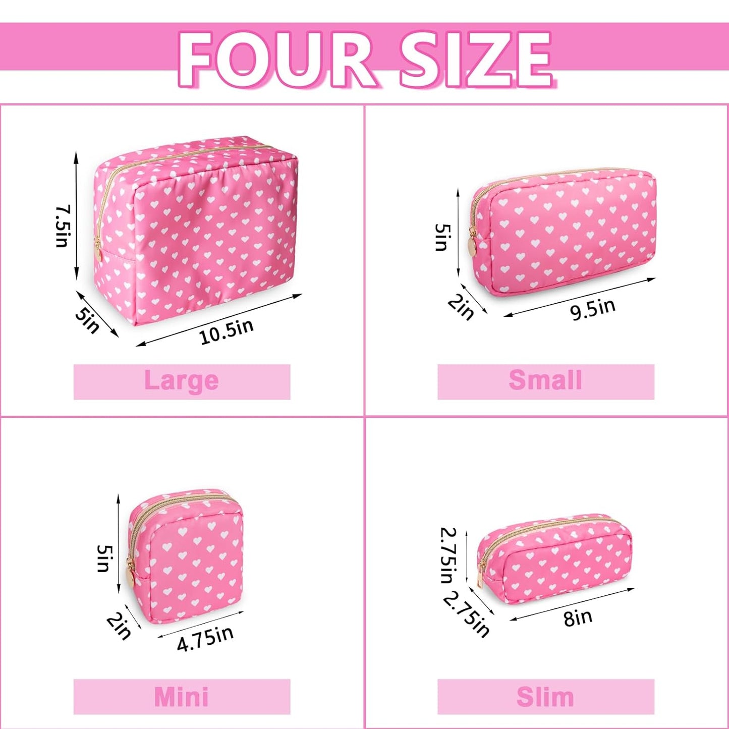 Small Makeup Pouch for Purse，Nylon Travel Toiletry Storage Cute Preppy Cosmetic Bag for Women Girls，Waterproof Makeup Organizer Pouch Skincare Purse with Zipper (Small-Pink Heart)