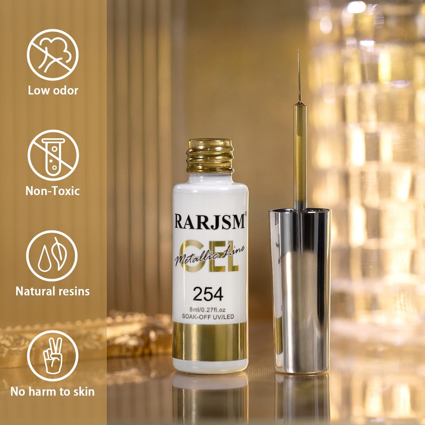 RARJSM Metallic Chrome Gel Liner Nail Art Champagne Gold 3D Mirror Effect Gel Nail Polish 8ml Build in Thin Brush Metal Painted Drawing Striper Painting GelPolish Soak off Curing Requires Home Salon