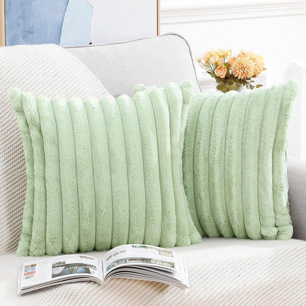 MADIZZ Set of 2 Faux Wool Plush Decorative Throw Pillow Covers 16x16 Inch Light Green Fluffy Striped Soft Decorative Cushion Cover for Sofa Bedroom Pillow Shell
