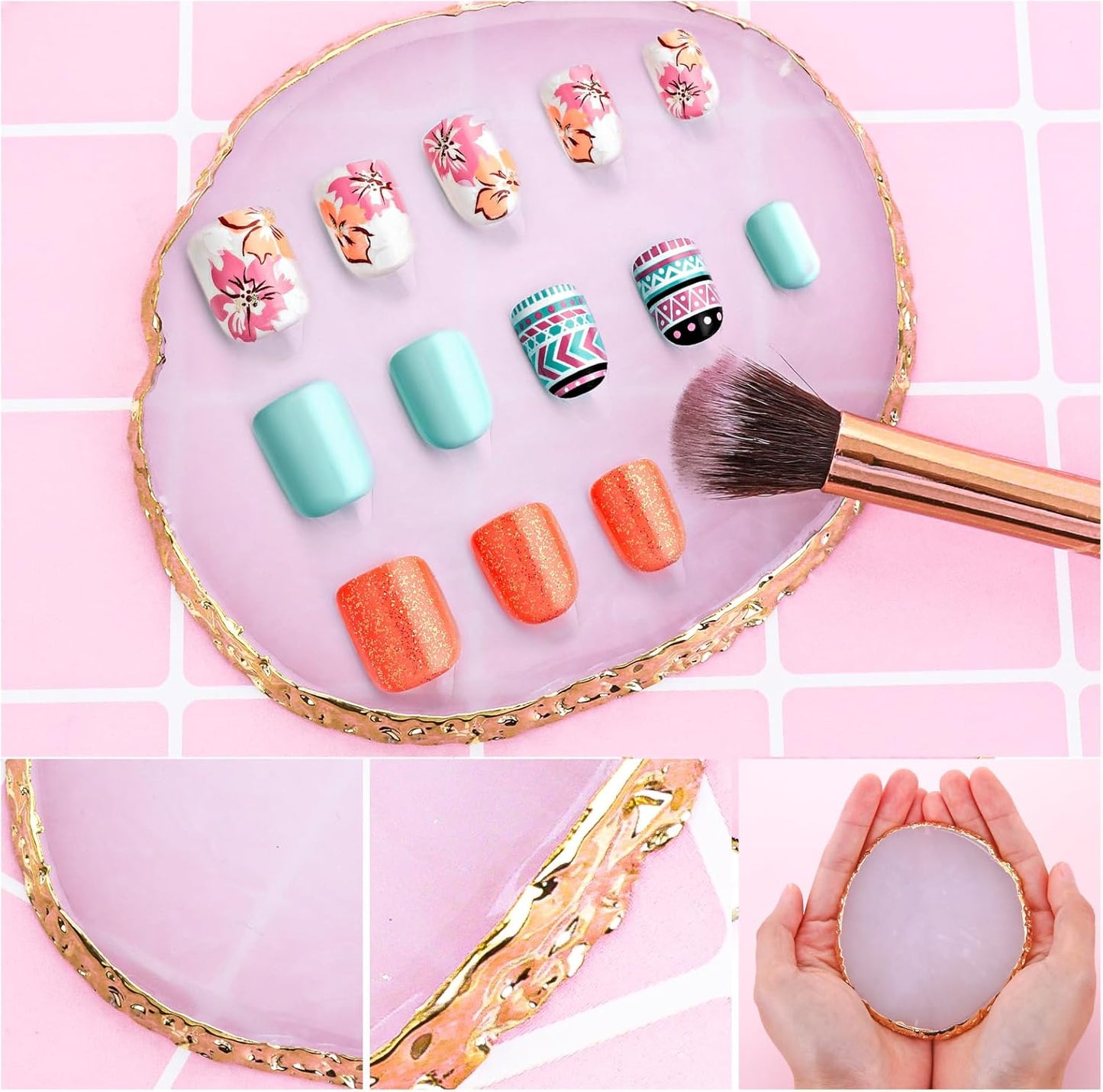 2pcs Heart-Shaped Resin Nail Art Palette, Gold Edge Round Makeup Mixing Palette, Nail Polish Plate, Nail Art Display Board Makeup Plate Cosmetic Mixing Tools