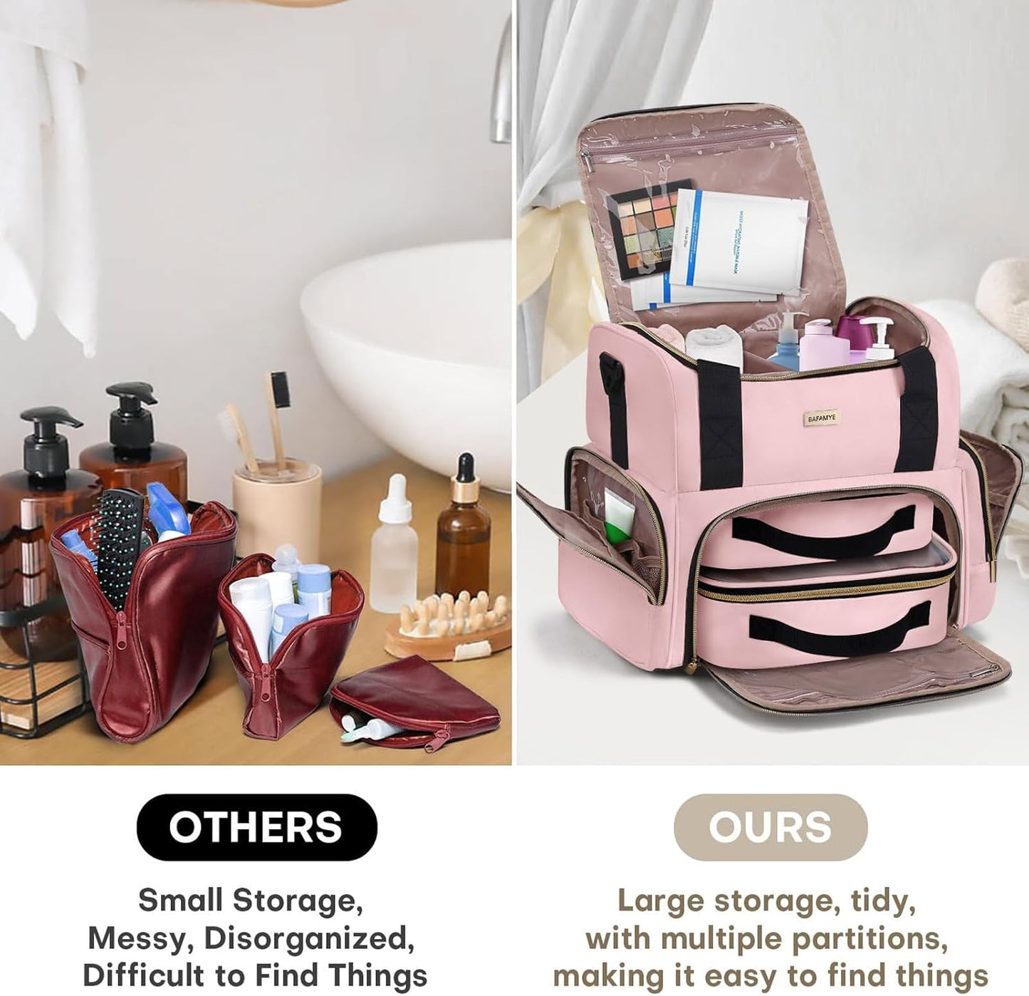 Large Makeup Cosmetic Bag with 2 Removable Case, Double Layer Travel Makeup Organizer Case, travel Toiletry Bag For Women, Pink