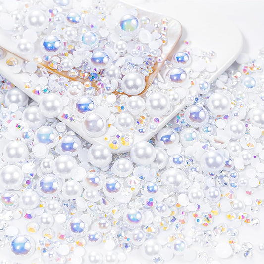 60g White Flat Back Pearls Rhinestones for Crafts Mixed Size 3mm-10mm AB Color Round Half Pearls Flatback Pearl Beads and Resin Rhinestones Set for Face Art with Glue