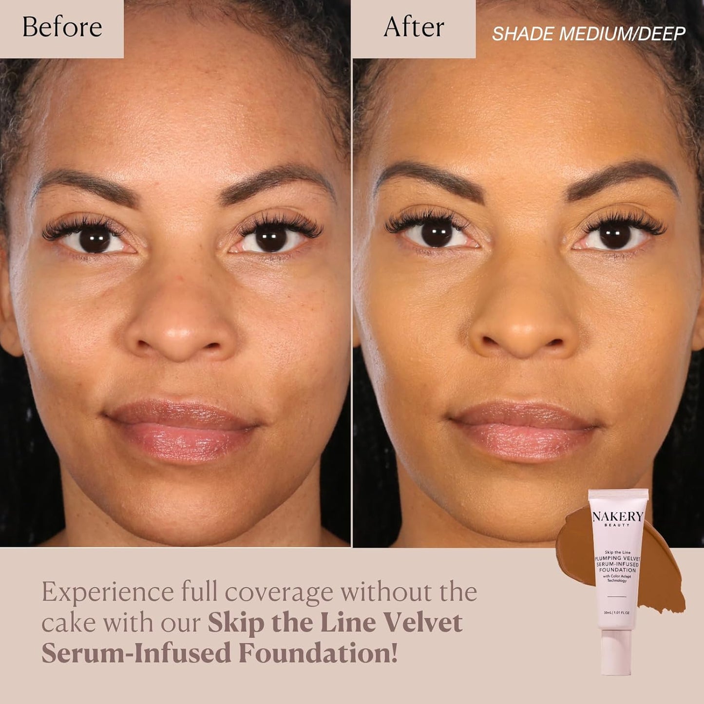 Nakery Full Coverage Plumping Liquid Foundation - Serum Infused Makeup with Niacinamide & Hyaluronic Acid for All Skin Types - Medium