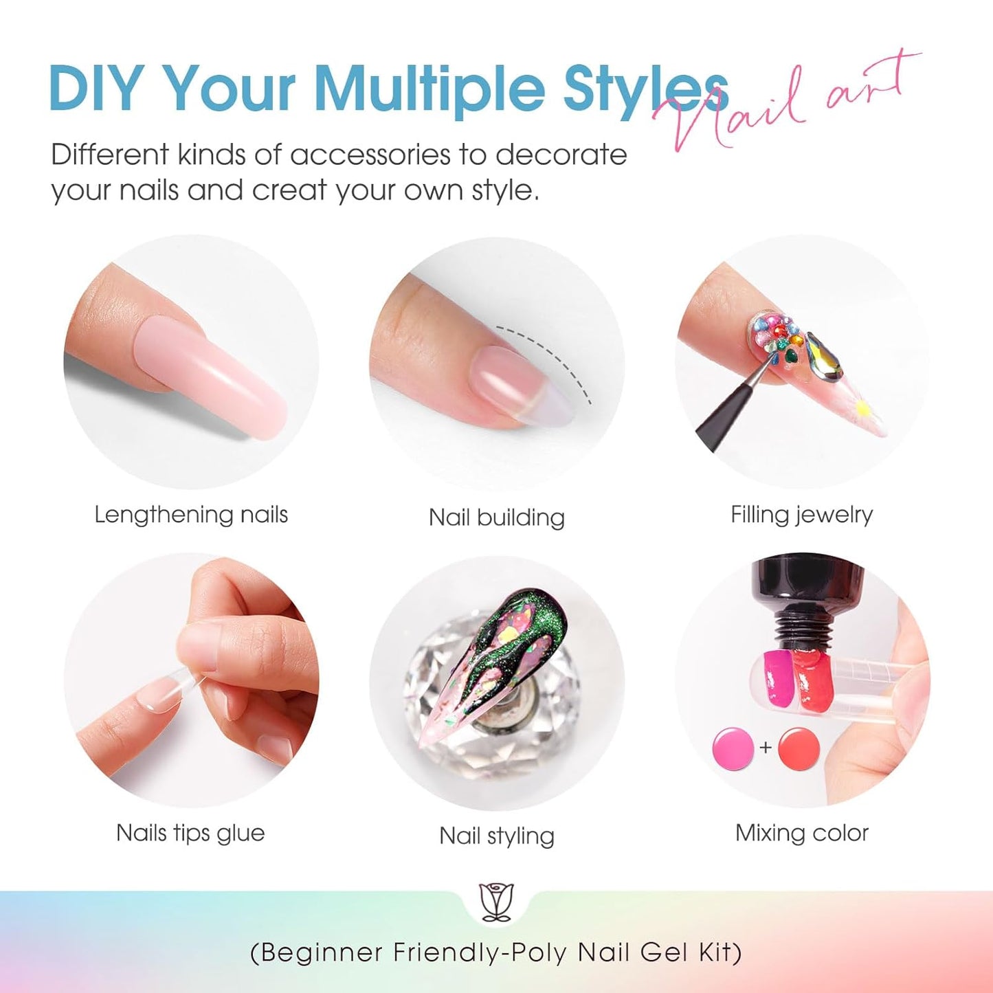 ROSALIND Colors Poly Nail Gel Kit, 14 ColorsPoly Nails Gel Starter Kits with Slip Solution 48W Nail Lamp Halloween All Seasons Classic Poly Extension Gels Nails Kit