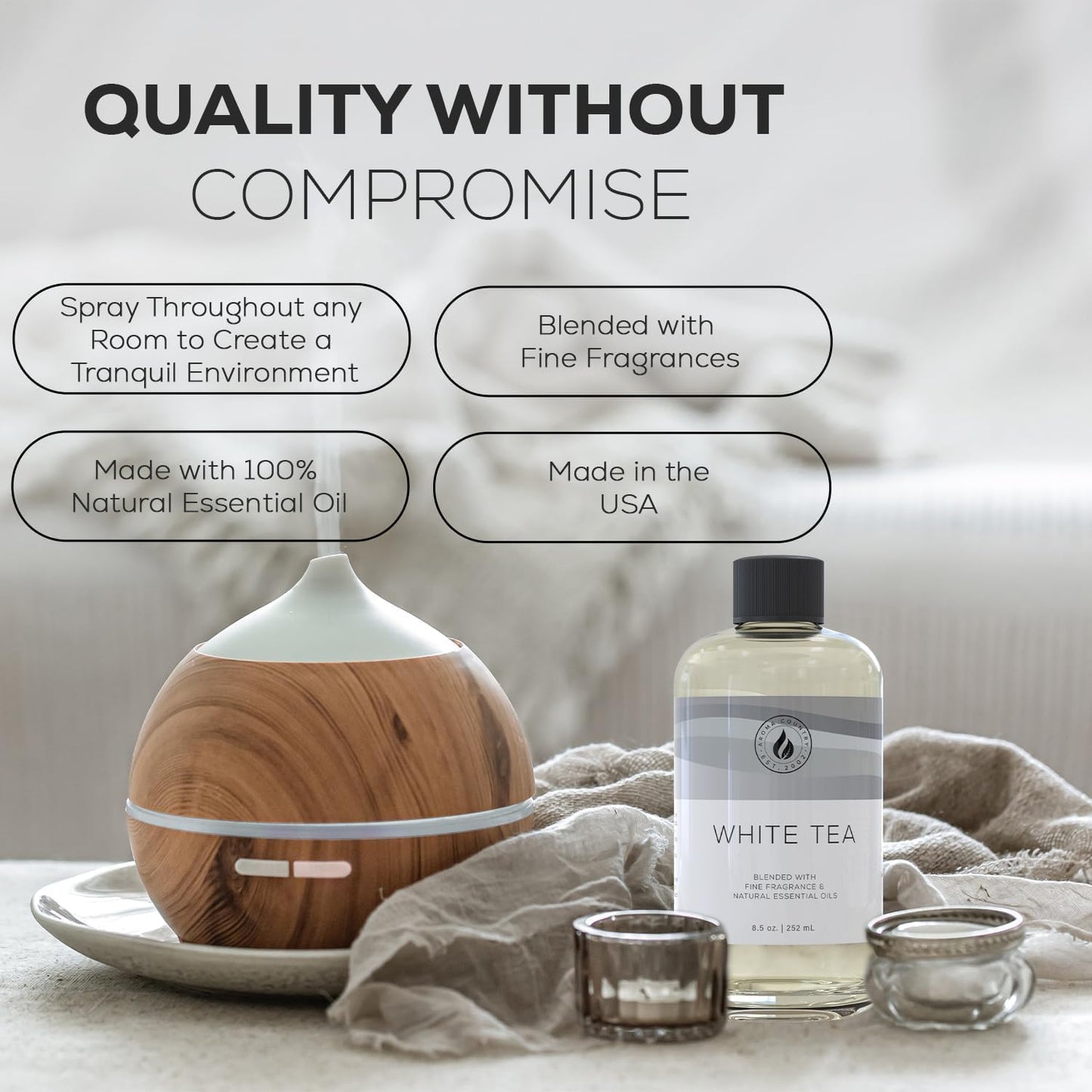Aroma Country White Tea Diffuser Oil - Luxury Essential Oils for Diffuser Refill & Air Freshener Room Spray, Long-Lasting, Natural Home Fragrance and Hotel Scent for Diffusers & Machines (4 Fl. oz)