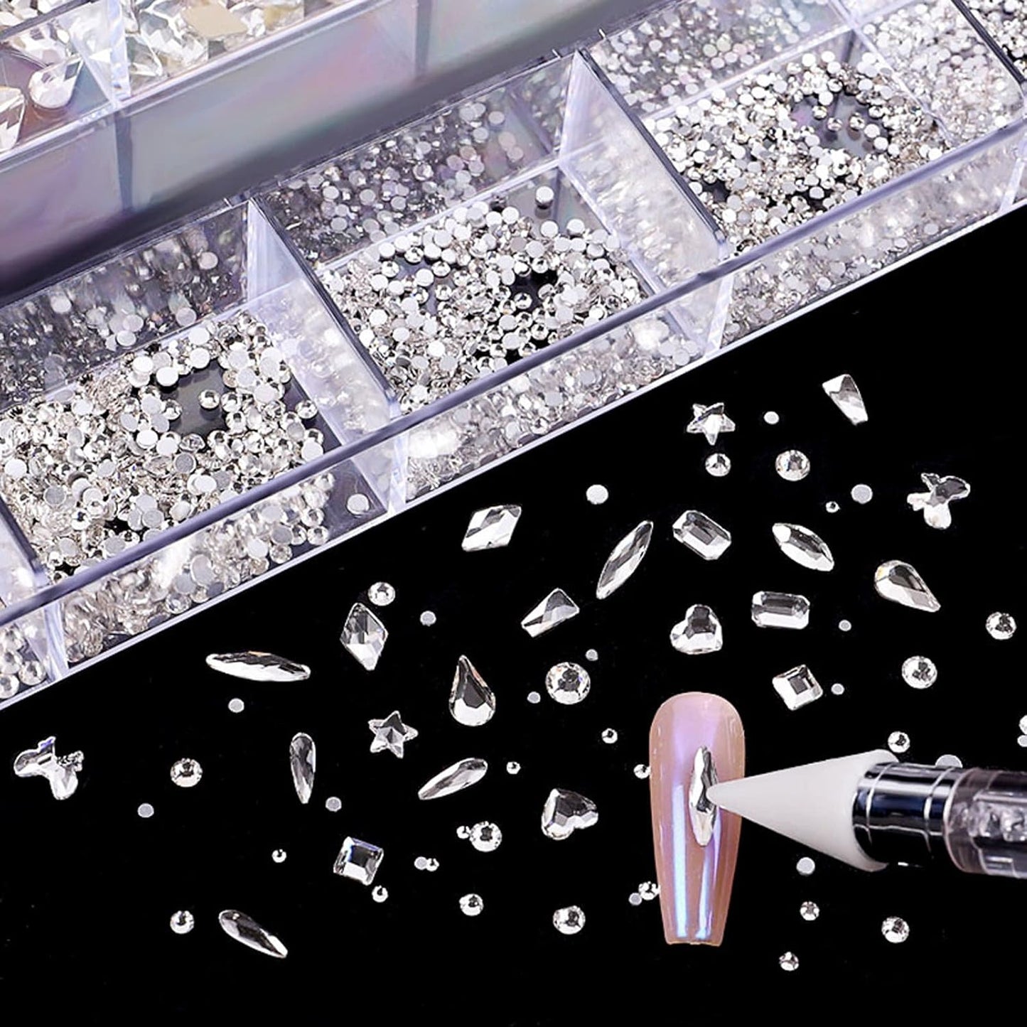 Nail Rhinestones Kit, Nail Art Decorations with Wax Pencil Flat AB Rhinestones Kit DIY Crafts Gemstones for Nail, Shoes, Clothes, Jewels (600 Powder diamonds + 2500 flat rhinestone)