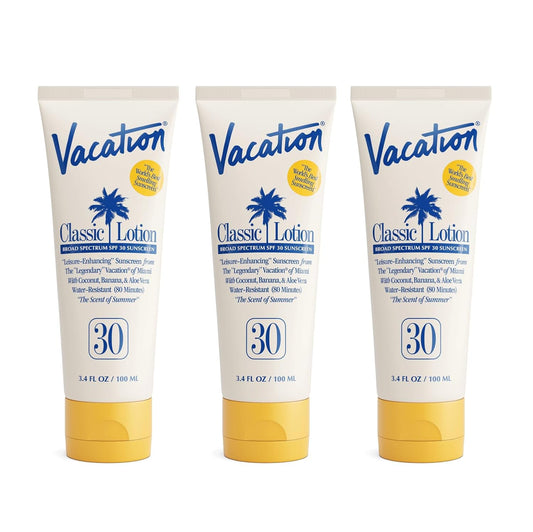 Vacation Classic Sunscreen Lotion SPF 30, Water-Resistant, Lightweight, Transparent on All Skin Tones, Dermatologist-Tested, Vegan, Travel Size, 3.4 Fl. Oz. (Value Pack of 3)