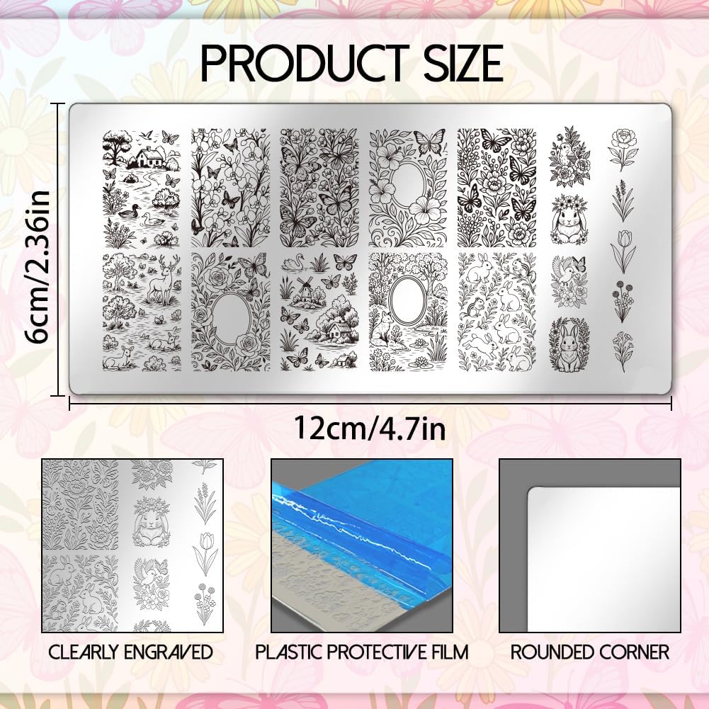 UNICRAFTALE 3Pcs Nail Stamping Plates Nail Stamper Kit with Seal Stamp and Scraper Vintage Garden Flower Dogs Image Stamp Plate Nails Art Tool for DIY Print Manicure Salon Design Gift