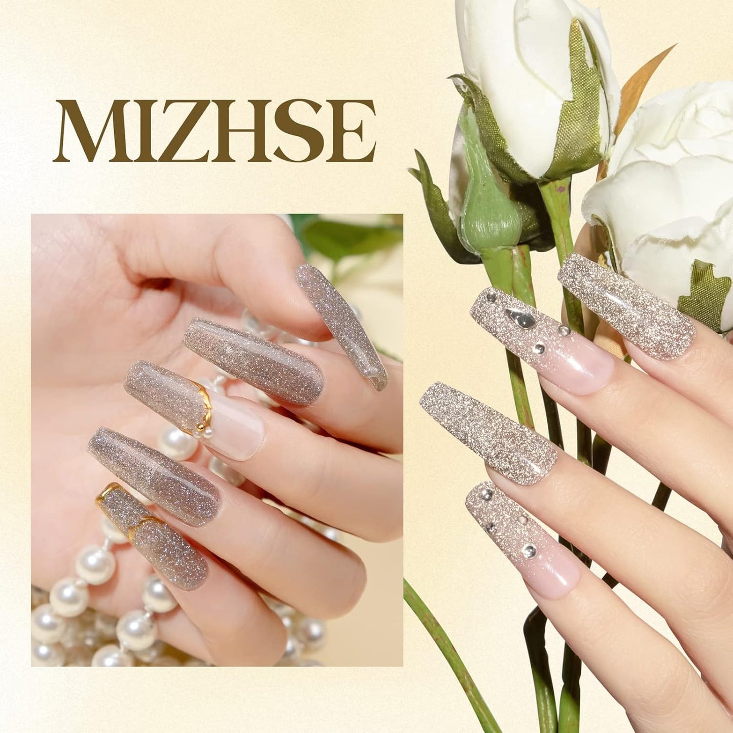 MIZHSE Reflective Glitter Gel Nail Polish, Light Gold Sparkly Shiny Gel Polish, Shimmer Nail Gel Soak Off Nail Art Manicure DIY at Home