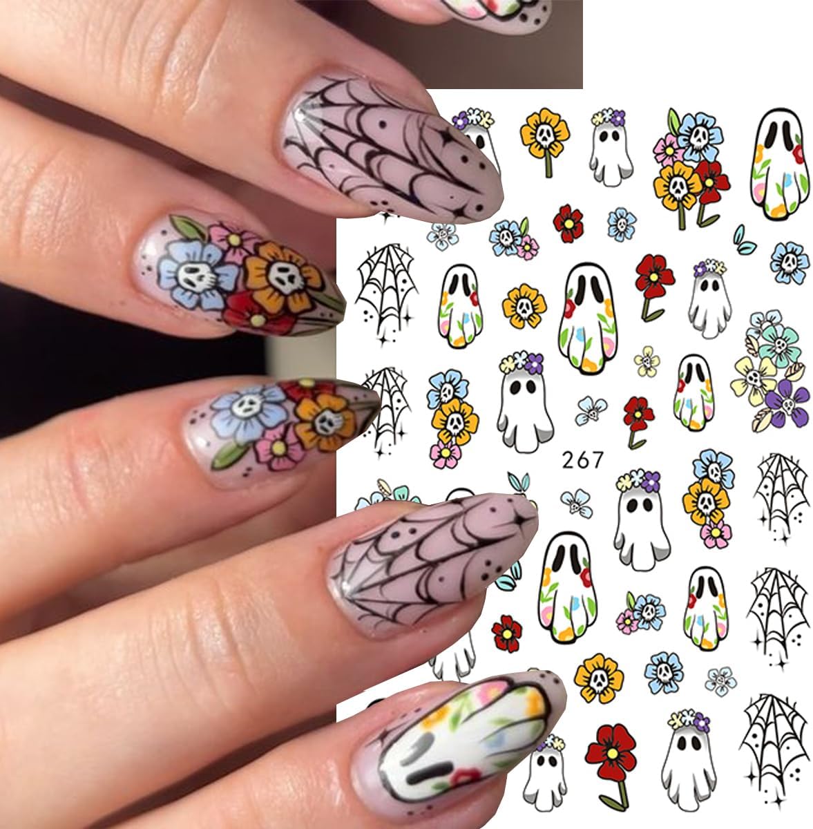 6 Sheets Flower Halloween Nail Art Stickers Colorful Ghost Nail Stickers Pumpkin Nail Decals Spider Web Tree Star Orange Design Cute Nail Sticker for Nail Art for Women Decoration Holiday Manicure