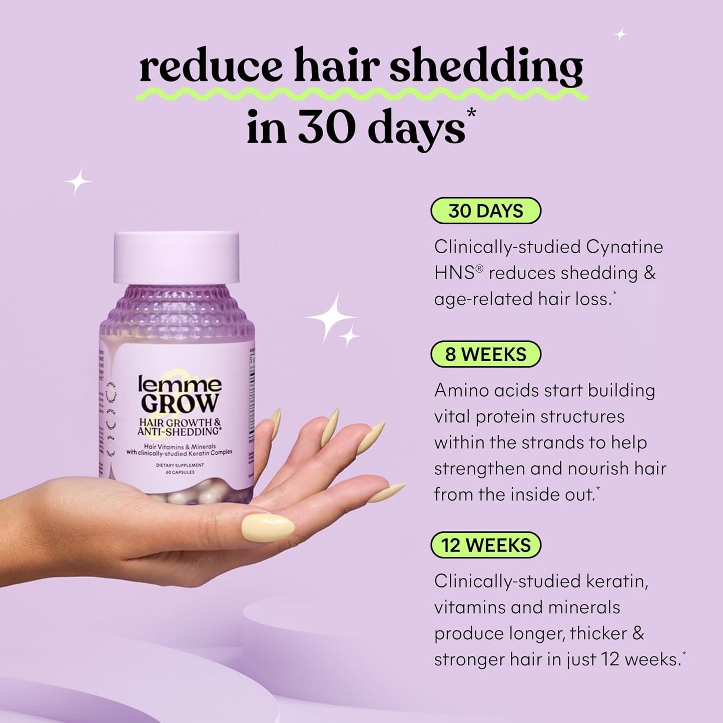 Lemme Grow Hair Growth Supplement for Women, Clinically Proven Keratin Complex for Visibly Thicker Hair and Scalp Coverage, Reduced Shedding, Nourish Thinning Hair - 1 Month Supply